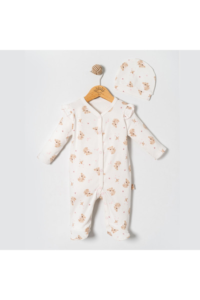 Overdo %100 Pamuklu OEKO-TEX Kız Bebek Ayıcık Desenli Patikli Tulum Yenidoğan...