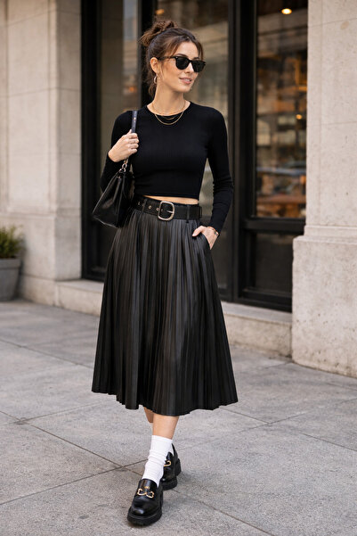 kikiriktekstil 10985 Fusta din piele artificială cu talie înaltă și pliuri, c...