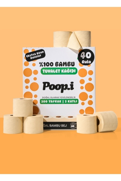 Poop.i %100 Bambu "Extra Uzun Rulo" 40 Tuvalet Kağıdı NAKED Doğal Bej