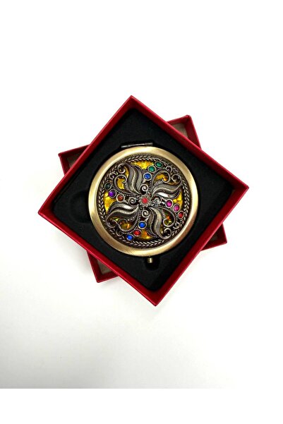 MD Moda Accessories Vintage Desenli Metal Cep Aynası – 7 cm | Taş Detaylı, He...
