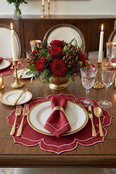 decofav Petra Burgundy Fabric Embroidered American Service Set 40X40Cm - 2 Pi...