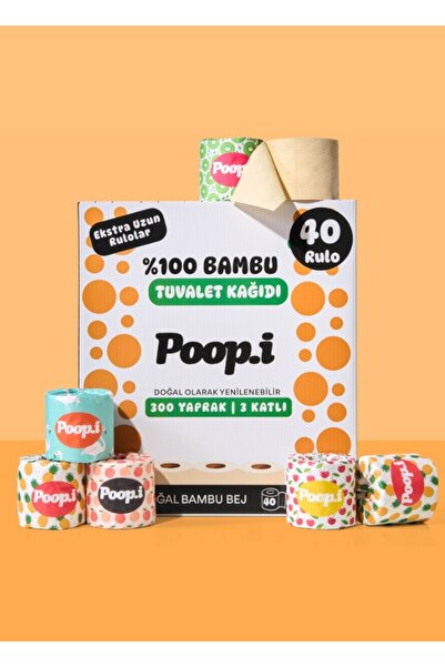 Poop.i %100 Bambu "Extra Uzun Rulo" 40 Tuvalet Kağıdı Fruity Loop Doğal Bej