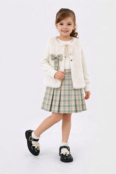 mhk burç bebe Kız Çocuk Peluş Yelekli Ekose Etek Takımı – Uzun Kollu Bluz, Şı...