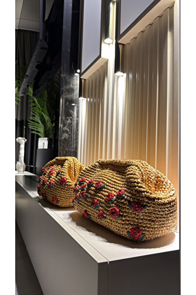 WOMANBAG EL YAPIMI HASIR RAFYA GÜL İŞLEMELİ EL ÇANTASI CLUTCH (40x22cm)