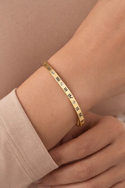 Çelik Timea Roma Rakamlı Taşlı Kadın kelepçe Bileklik-316L Çelik-Günlük-Karar...