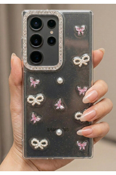Rivor Galaxy S25 Ultra Kılıf İncili Fiyonk ve Kelebek Figürlü Taşlı Kamera Le...