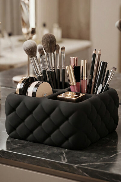 ENG.CO 4-Compartment Quilted Look Black Makeup Organizer – Hard Plastic Organ...
