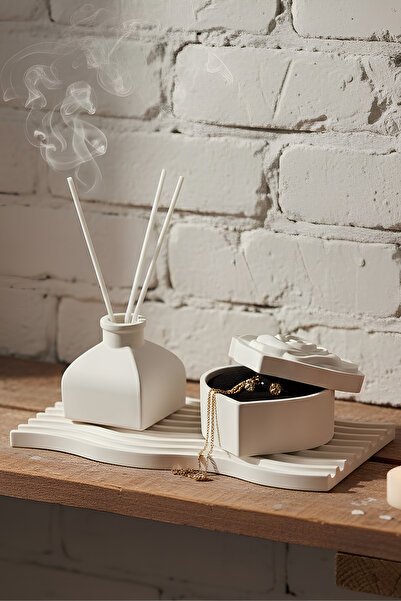 Elizovi Home 3 Piece Decorative Set with Tray |   Simple White Vase, Incense ...