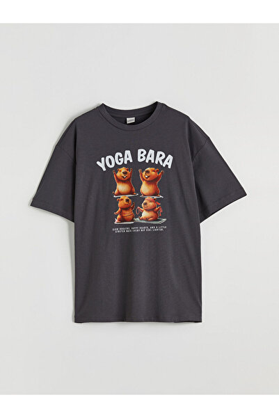 LC Waikiki Antracit okrugla kragna Štampano Devojčica majica