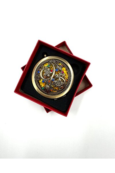 MD Moda Accessories Desenli Metal Cep Aynası 7 cm – Vintage Taşlı Yuvarlak Ce...