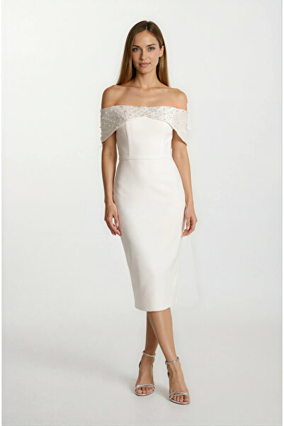 Spazio Orielle Düşük Kol Straplez İnci İşlemeli Midi Abiye Elbise EKRU