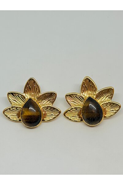 Tasarım أقراط نسائية مطلية بالذهب على شكل زهرة اللوتس وحجر عين النمر