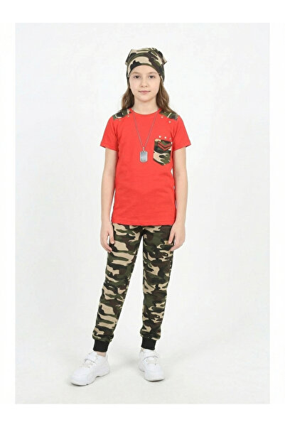MAVİ BONCUKK Girls Camouflage Patterned T-Shirt and Sweatpants 3-Piece Set