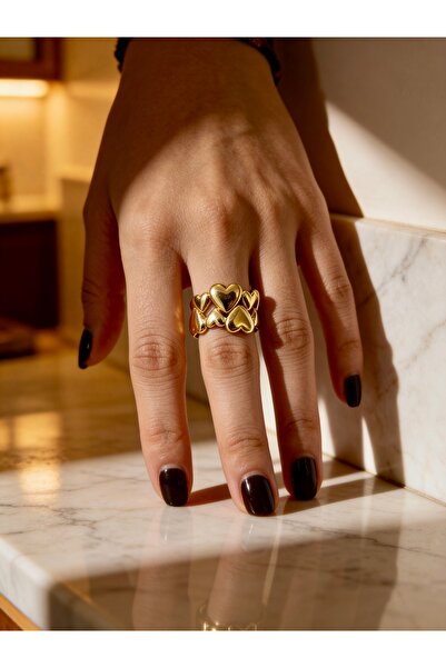 ayoljewelry Adjustable Steel Ring with Gold Multiple Heart Design
