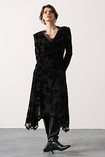 MYA Women's Padded Collar Dress with Lace Detail |   Patterned Asymmetrical D...