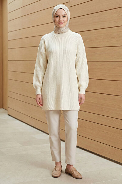 Kirazgym Women's Crew Neck Relaxed Fit Knitwear Tunic in Sizes 36-42 - Ecru