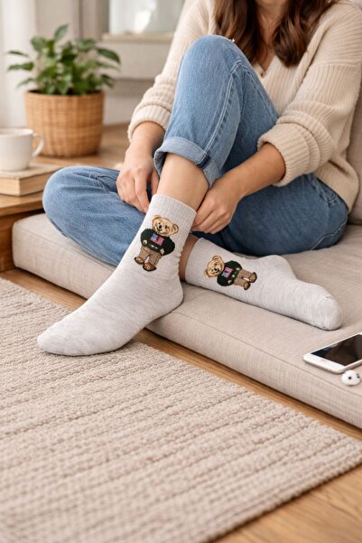 İpeksi Teddy Bear Pattern Organic Combed Cotton Tennis College Socks