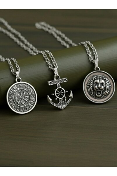AB Takı 3 Piece Necklace Set with Compass, Lion and Anchor Design Fashion Nec...