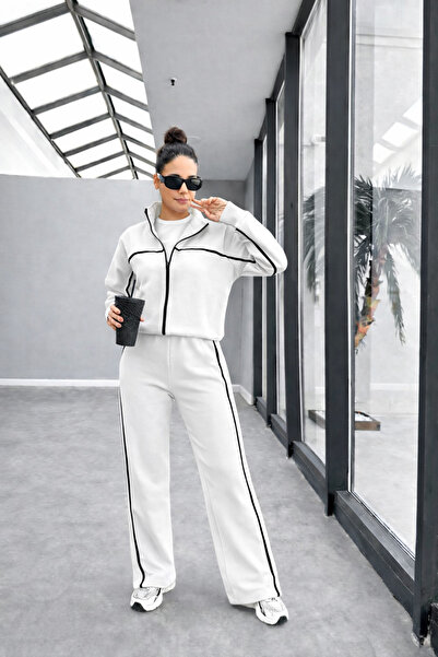 BARLİZ Women's New Design White Striped Bomber Jacket Loose 3 Thread Bottom-T...