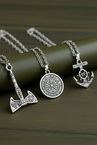 AB Takı 3 Piece Necklace Set with Ax, Compass and Anchor Design Pendant Gift ...
