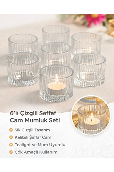 HAREN STORE 6'lı Şeffaf Cam Kase Seti-Çizgili Modern Tasarım Sunumluk-Lokum-M...