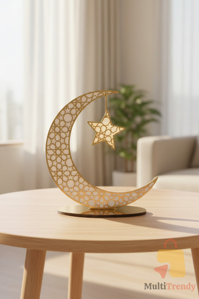 MultiTrendy Ramazan’a Özel Ahşap Altın Pleksi Ay Yıldız Masa Üstü Süsü | Deko...