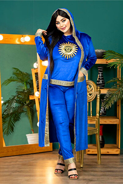 AsrymShop 3-piece winter set, lightweight velvet, gold and blue