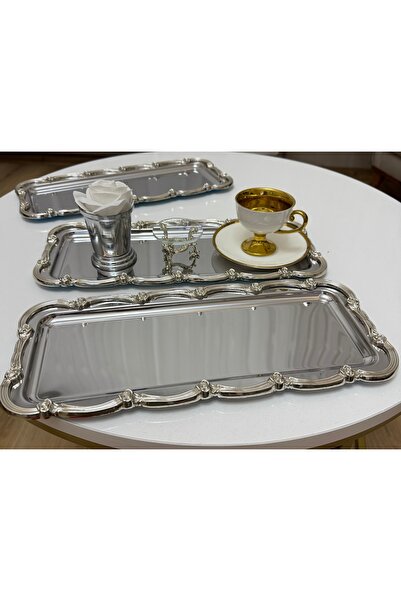 Elzemm store Steel Rectangular 3 Piece Serving and Presentation Tray with Sil...