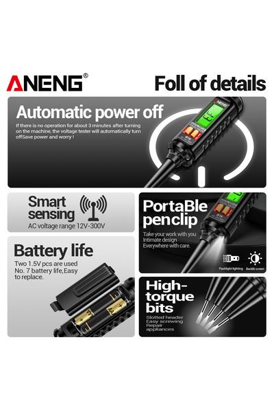 DUHALINE LCD Ekranlı Dijital Kontrol Kalemi ANENG 12V-300V Sesli/Işıklı Uyarı Faz/Nötr-Kablo Kopukluk Bulucu