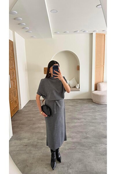 Gaus Gri Kuşaklı Triko Midi Elbise GAUS-01169