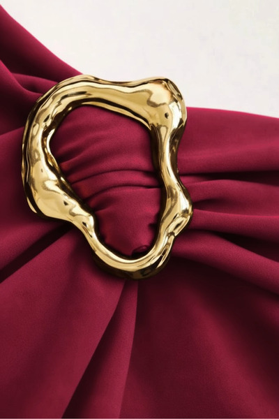 World Fashion Trends Bordo Women's Degaje Halter Collar Buckle Detailed Belted Gathering Mini Dress