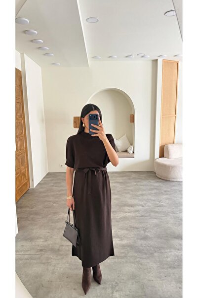 Gaus Acı Kahve Kuşaklı Triko Midi Elbise GAUS-01169