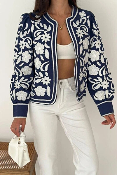 MetuCA Women's Navy Blue White Floral Embroidered Ribbed Linen Seasonal Jacket