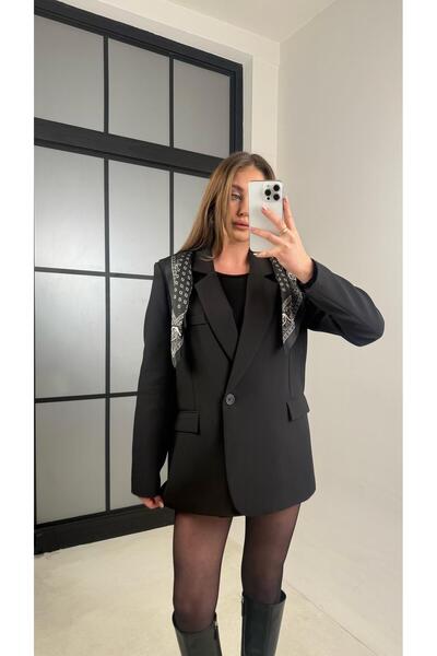 Gaus Siyah Astarlı Vatkalı Fular Detaylı Blazer Ceket GAUS-00976