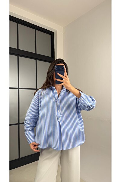 Gaus Mavi Çizgili Düğme Detaylı Premium Gömlek GAUS-01109