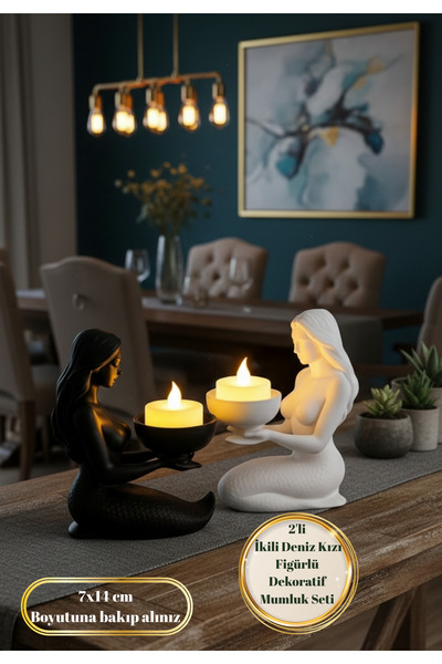 BRE HOME Mini İkili Deniz Kızı Figürlü Dekoratif Mumluk Seti - Siyah & Beyaz