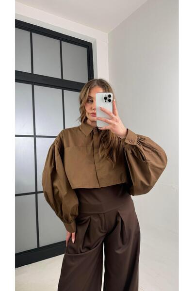 Gaus Kahve Balon Kol Crop Poplin Gömlek GAUS-01117