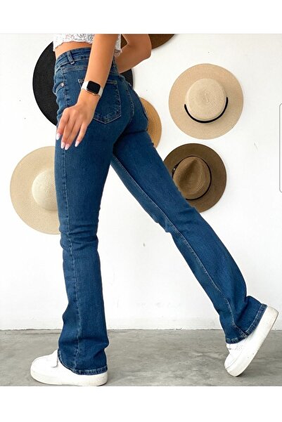 Livik بنطلون لارا فلير ليكرا ملون أزرق داكن واسع الساق من قماش الدنيم عالي ال...