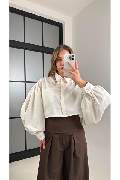 Gaus Ekru Balon Kol Crop Poplin Gömlek GAUS-01117