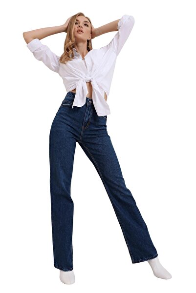 Livik Blue Lycra Super High Waist Loose Jean Trousers. (super High.)