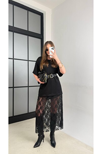 Gaus Siyah Dantel Detaylı Modal Kumaş Elbise GAUS-01105