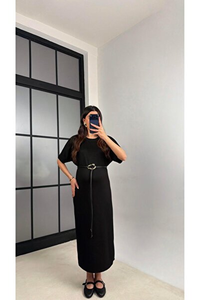 Gaus Siyah Kemerli Modal Kumaş Basic Elbise GAUS-01161