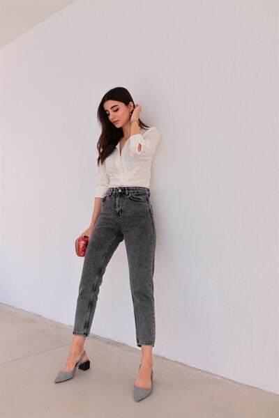 LİMABEL Souchoux High Waist Smoked Snow Mom Denim Pants Lycra Fadeless Smoked...