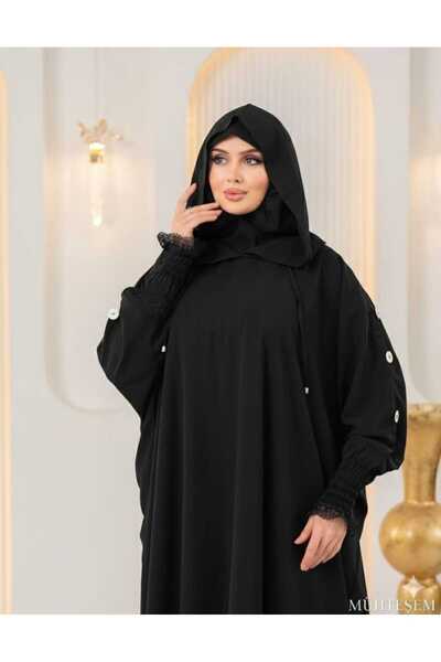 MÜHTEŞEM TEKSTİL Kadın Tesettür Siyah Krep Çarşaf 2 Parça Dantelli Düğmeli Şı...