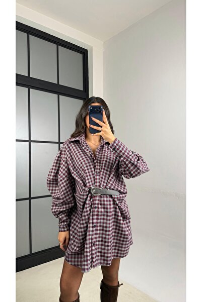 Gaus Bordo Ekose Desenli Kemerli Tasarım Elbise GAUS-01162