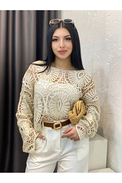 MetuCA Women's Ecru Crochet Knitted Patterned Openwork Transparent Lace Knitw...