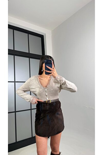 Gaus Acı Kahve Kadife Desenli Etek GAUS-01121