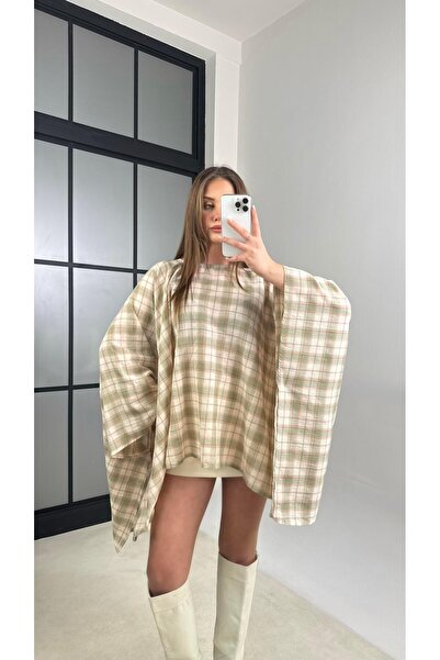 Gaus Yeşil Ekose Desenli Şal Detaylı Pelerin Panço GAUS-01153