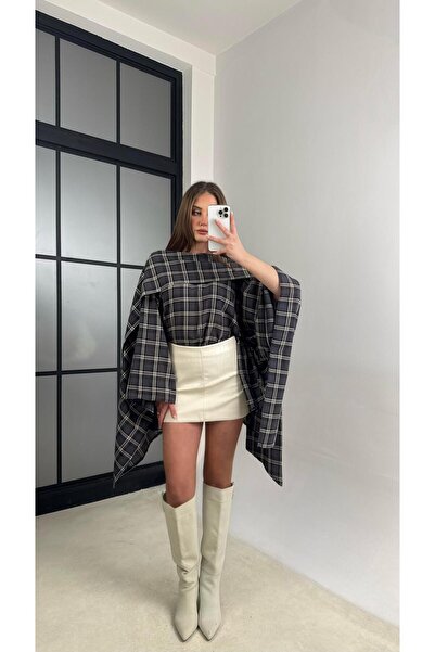 Gaus Antrasit Ekose Desenli Şal Detaylı Pelerin Panço GAUS-01153