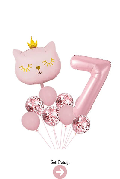 Bunloon 7 Yaş Retro Pembe Kedi Konfeti Temalı Balon Set Dekoru